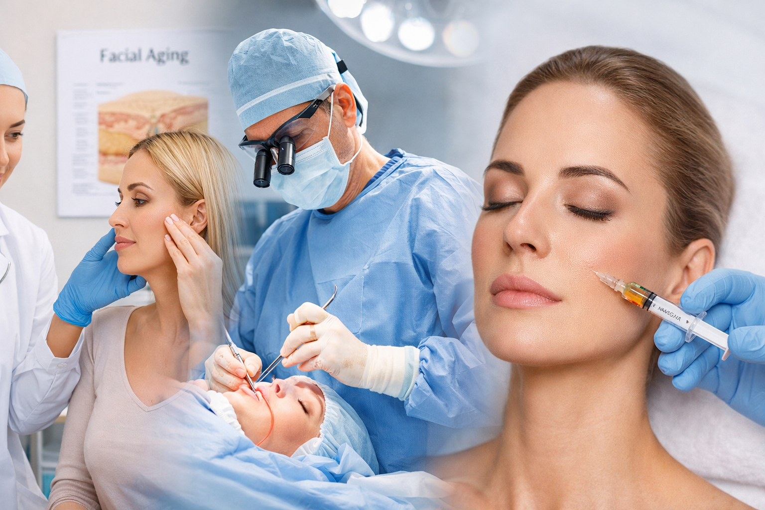 Imagen panorámica de cirugía estética y medicina regenerativa: consulta facial, procedimiento quirúrgico en quirófano y tratamiento inyectable para rejuvenecimiento de la piel.