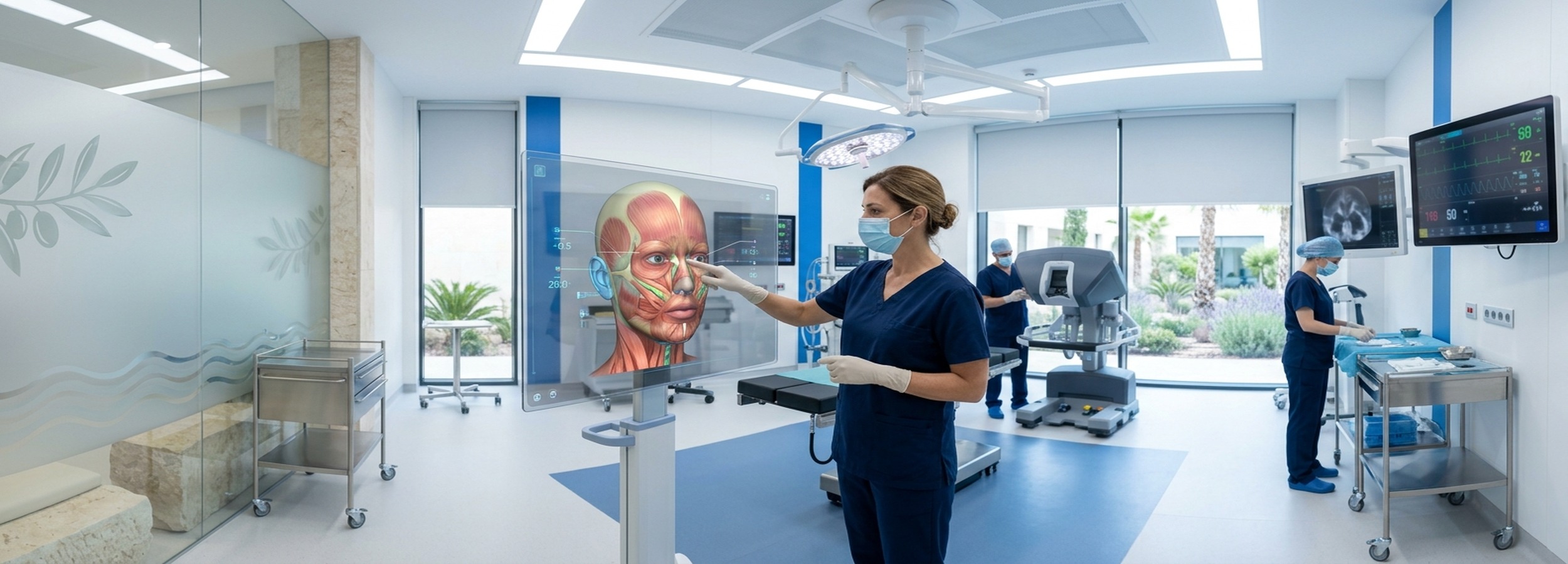 Cirujano plástico revisando una planificación facial tridimensional en un quirófano moderno para cirugía facial avanzada en Mallorca Medical Group.
