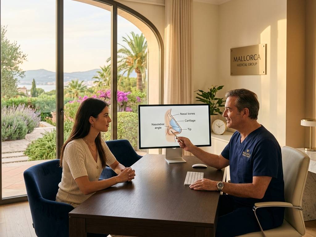 Paciente en consulta médica recibiendo información sobre rinoplastia en Mallorca y operación de nariz