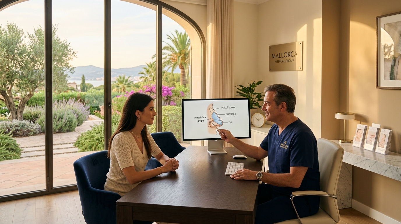 Paciente en consulta médica recibiendo información sobre rinoplastia en Mallorca y operación de nariz