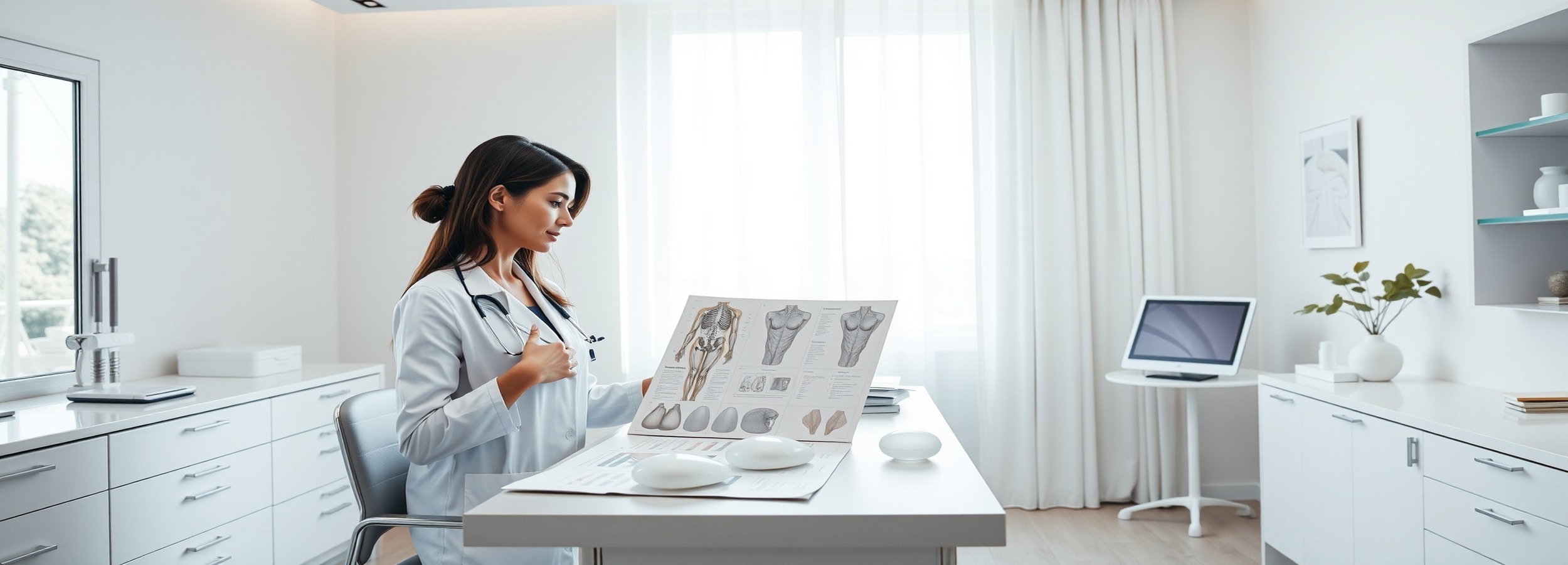 Fotografía médica editorial sobre aumento de pecho en Mallorca, con referencia visual a los distintos tipos de implantes mamarios, redondos y anatómicos, en el contexto de una consulta especializada de cirugía mamaria con el Dr. José Ignacio García Ceballos FCCP en Mallorca Medical Group