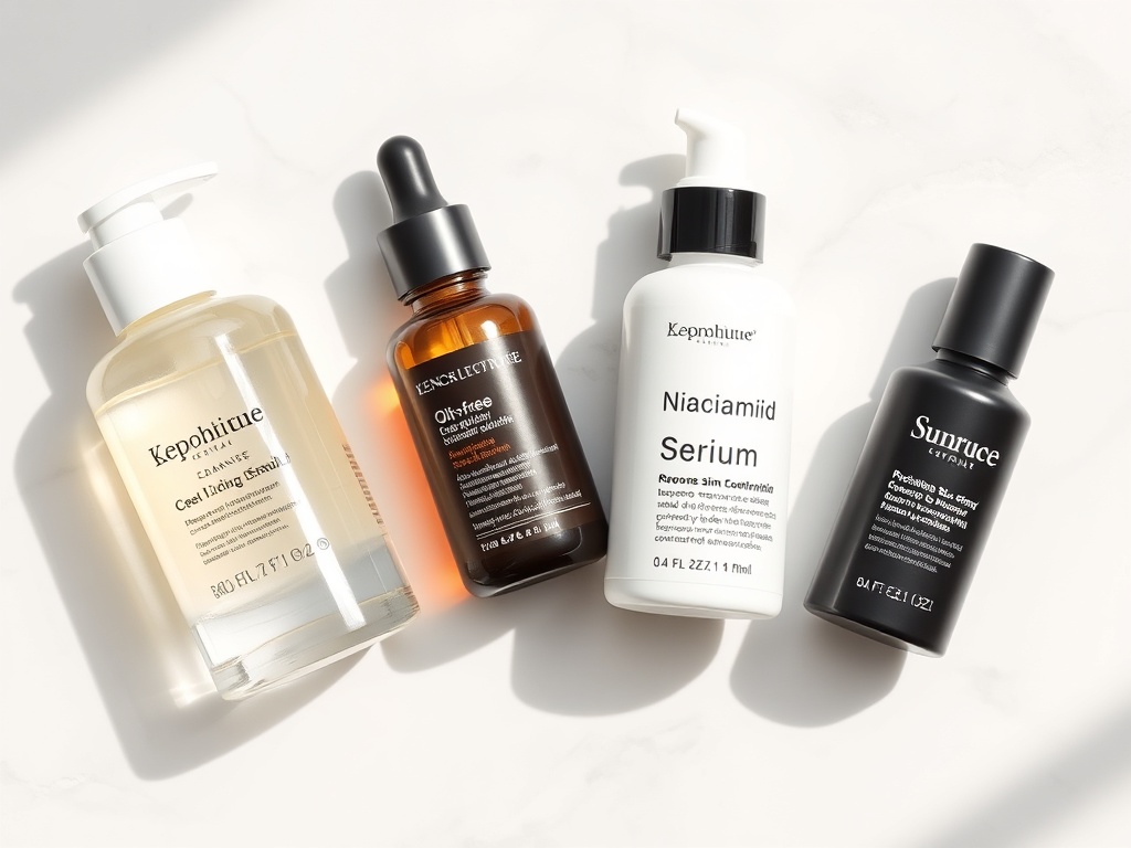 Rutina de skincare para piel grasa con productos básicos sobre fondo blanco