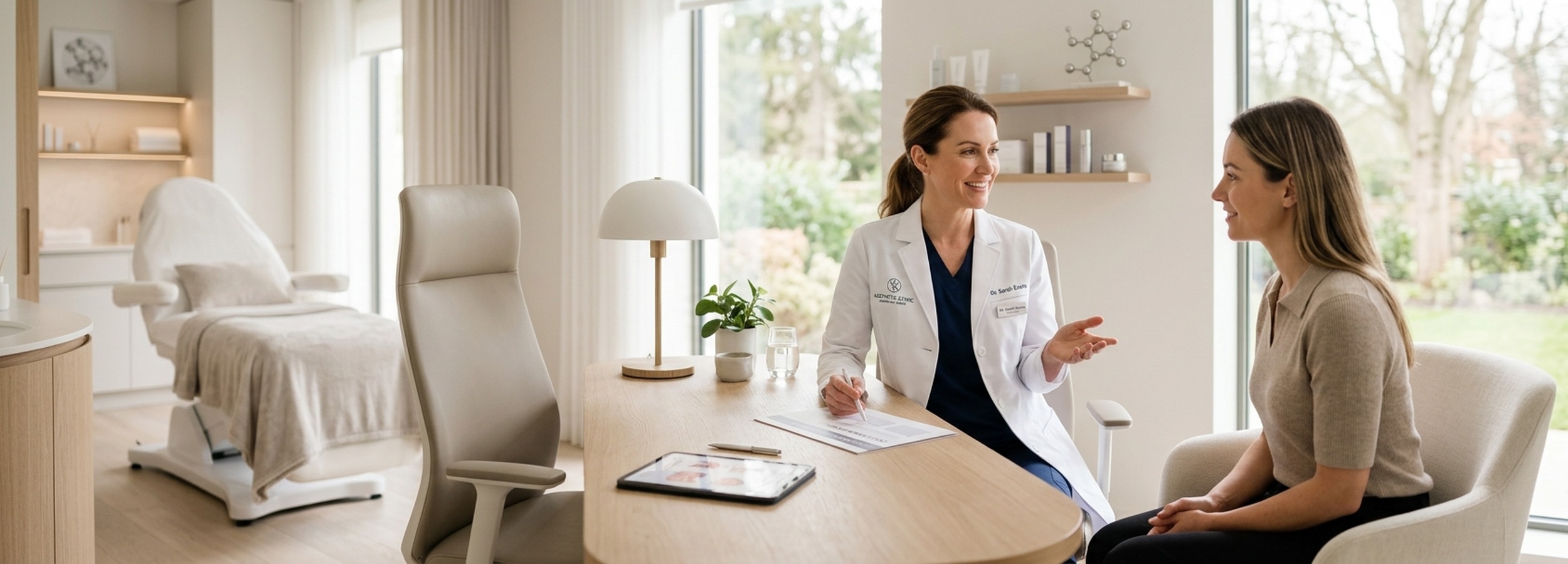 Bioestimuladores de Colágeno en Mallorca: Guía Clínica Completa | Mallorca Medical Group 5 Consulta médica en clínica estética premium en Mallorca para valoración de tratamiento con bioestimuladores de colágeno — Mallorca Medical Group