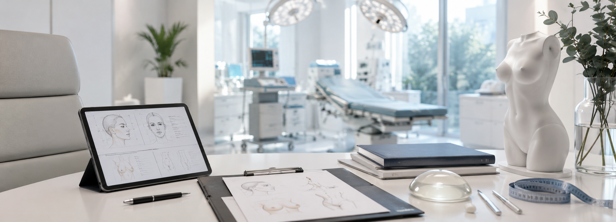  Cirujano plástico especializado revisando documentación clínica en entorno hospitalario premium, Mallorca Medical Group