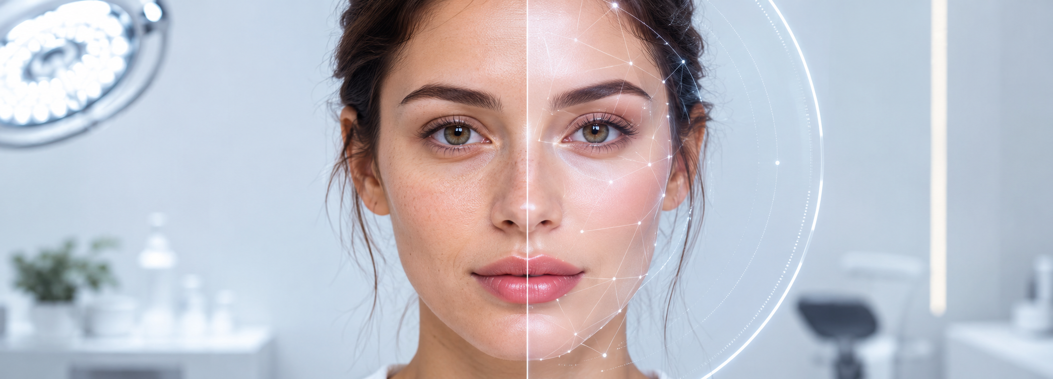 Ilustración conceptual de un rostro dividido entre imagen real e imagen generada por filtro de inteligencia artificial