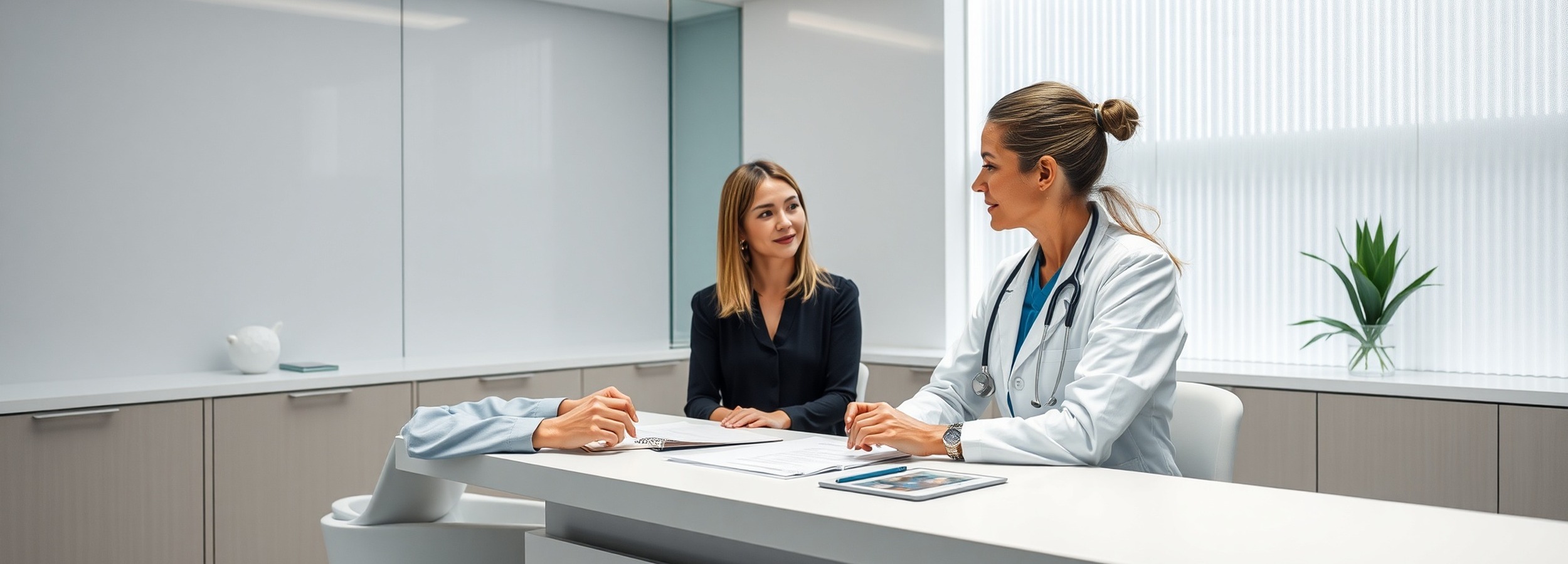  Consulta médica en clínica de cirugía plástica en Mallorca con cirujano y paciente revisando un plan de tratamiento