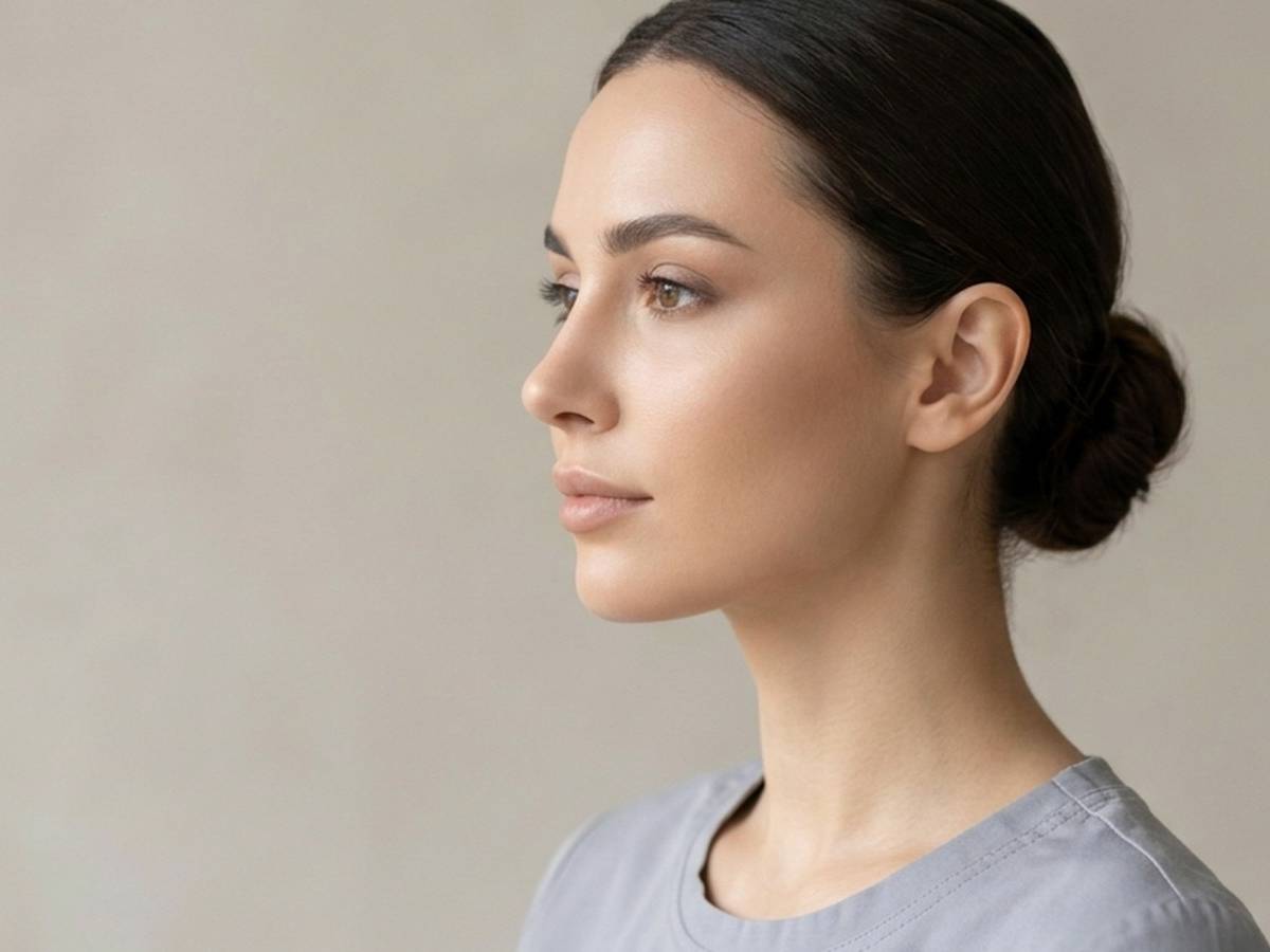 Retrato de perfil de una mujer con piel sana, imagen ilustrativa sobre rinoplastia femenina en Mallorca
