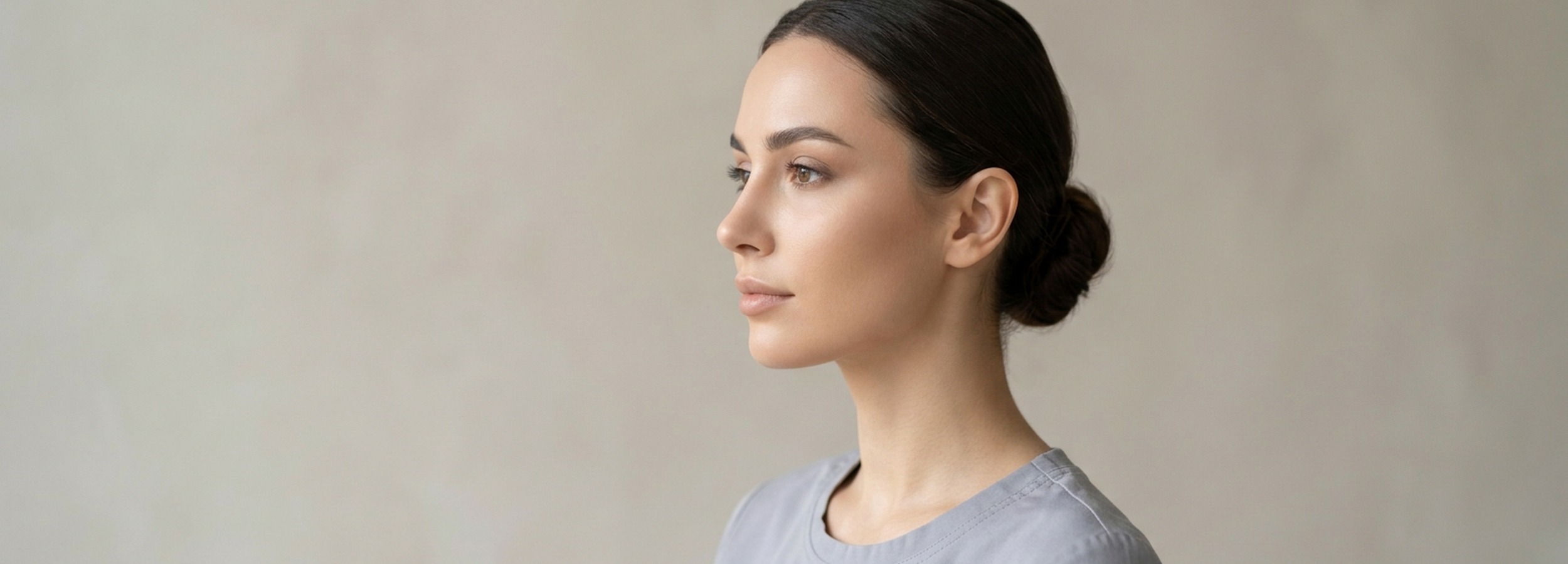 Retrato de perfil de una mujer con piel sana, imagen ilustrativa sobre rinoplastia femenina en Mallorca