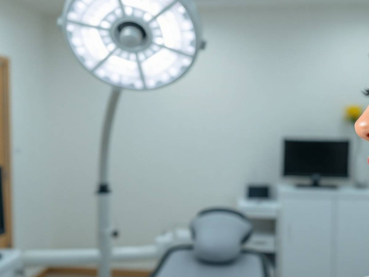 Perfil facial en entorno clínico premium ilustrativo de valoración de nariz caída y rinoplastia de punta nasal