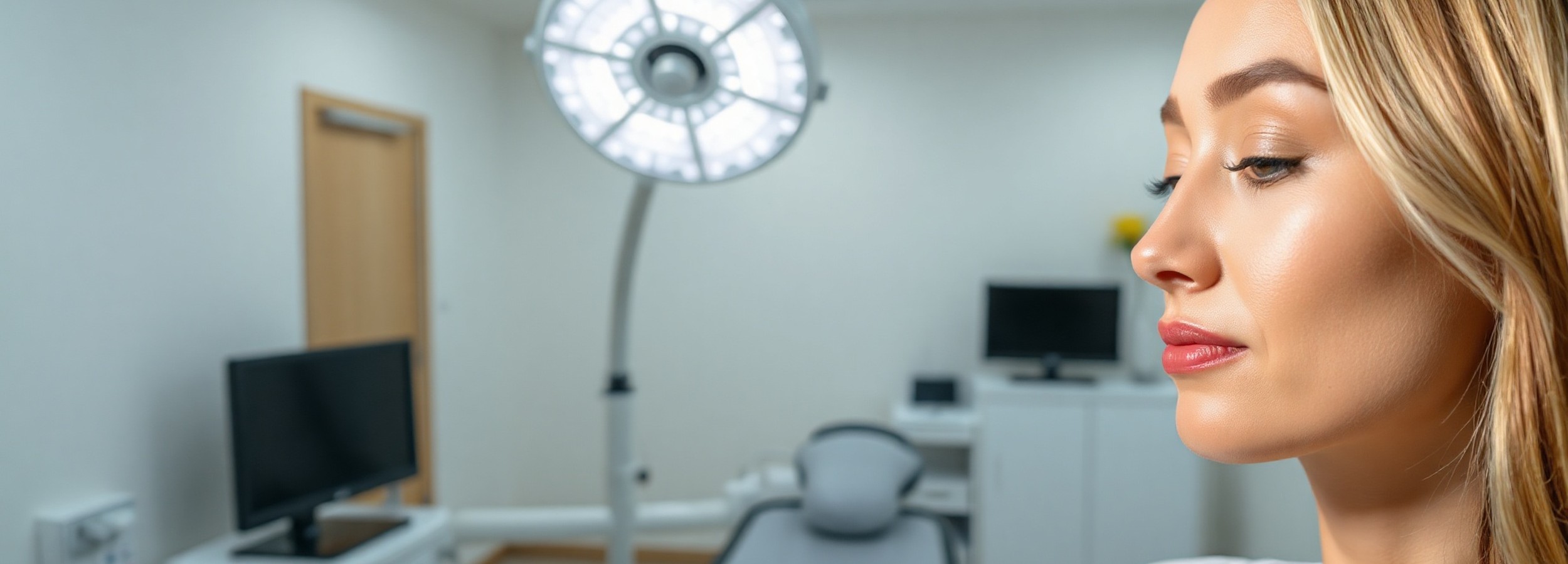 Perfil facial en entorno clínico premium ilustrativo de valoración de nariz caída y rinoplastia de punta nasal