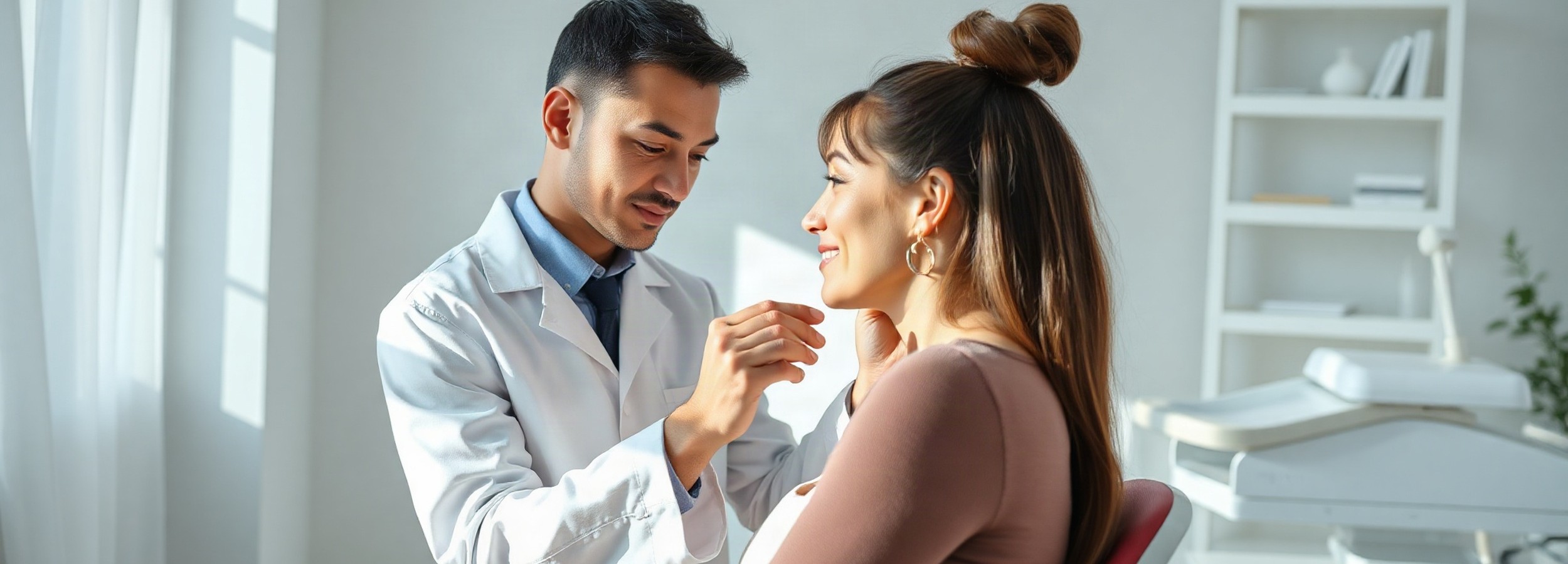 Liposucción en papada en Mallorca: guía completa e informativa 2 Cirujano plástico explorando el contorno del cuello de una paciente en una consulta de Mallorca Medical Group, en relación con la liposucción de papada