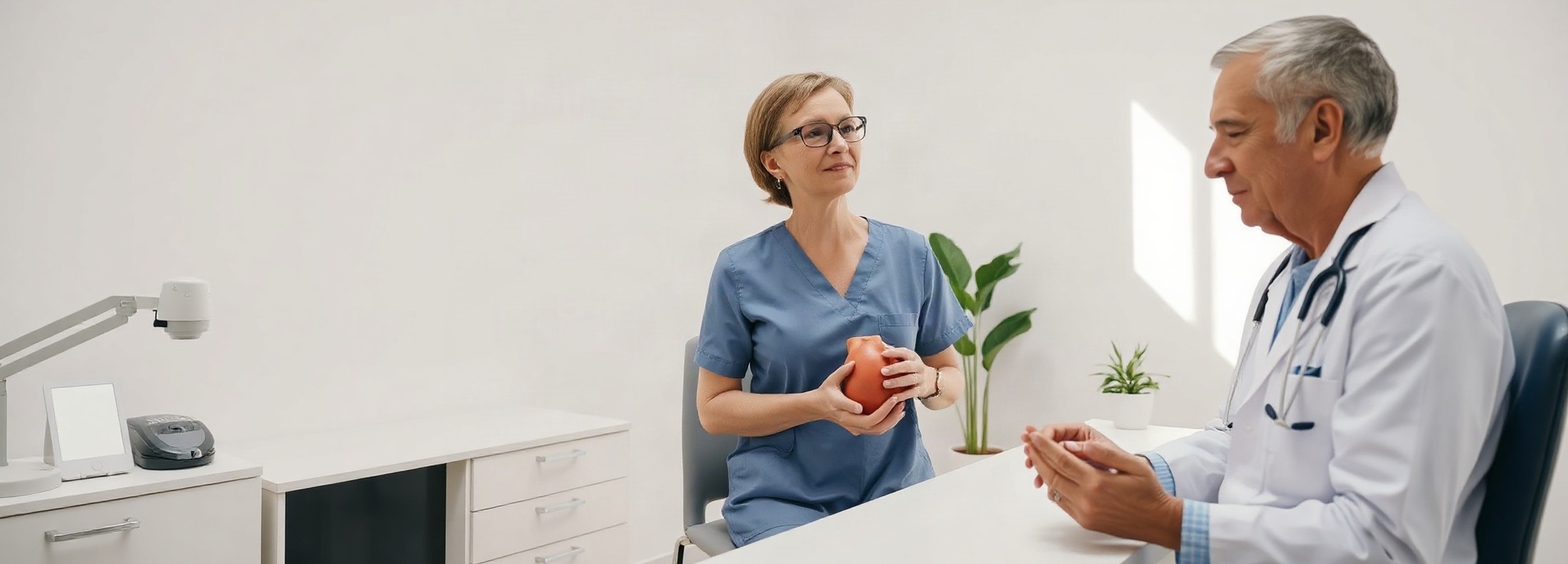 Deferred Breast Reconstruction in Mallorca: When It Is Considered and What It Allows for Evaluation 1 Clinical consultation on delayed breast reconstruction in a well-lit medical setting, with no text or logos