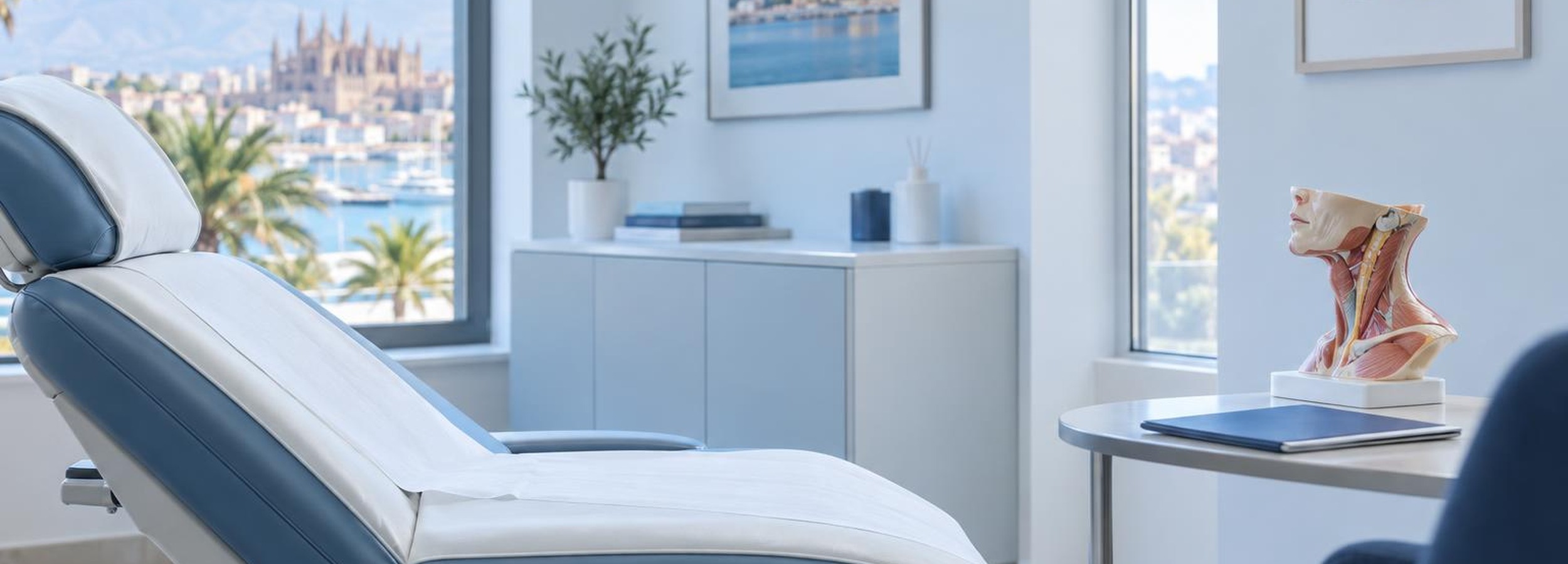 Papada: cuándo basta la liposucción y cuándo hace falta un lifting cervical 1 Consulta de cirugía plástica en Palma con modelo anatómico del cuello, sin pacientes, para valorar una papada.