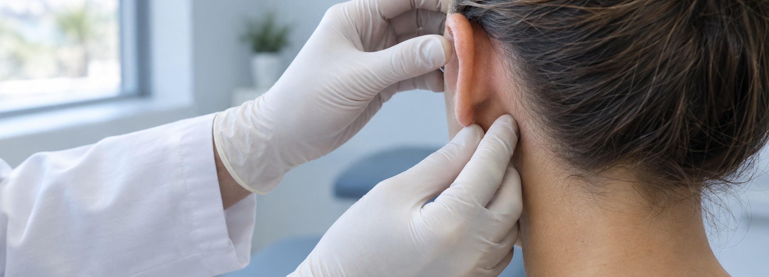 Plastic surgery consultation in which the projection of the ear is assessed before an otoplasty, without identifying the patient.