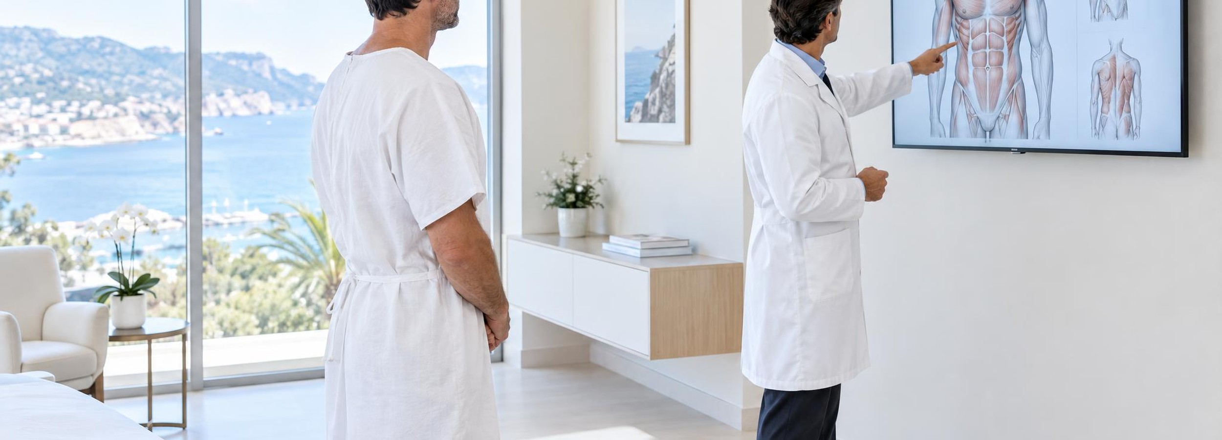 Liposucción en hombres en Mallorca: guía práctica paso a paso 1 Consulta de cirugía plástica en Mallorca en la que un cirujano revisa con un paciente la anatomía del torso masculino antes de planificar una liposucción